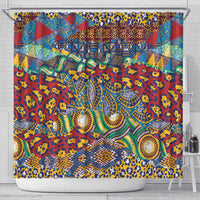 Red animal-skins patterned shower curtain, full view with metal rod and hanging grommets