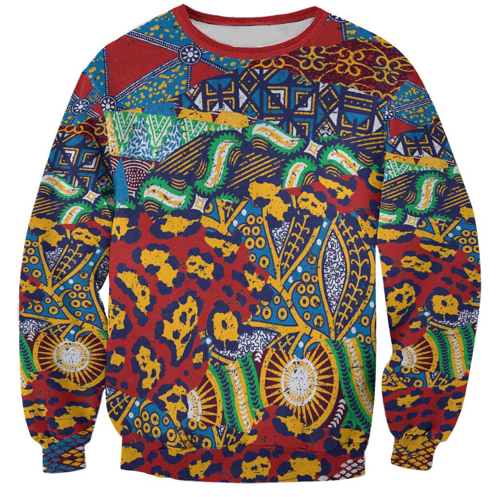 Unisex crewneck sweatshirt with red rib trim and multicolor geometric animal-skin pattern