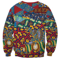 Unisex crewneck sweatshirt back with red rib trim and multicolor geometric animal-skin pattern