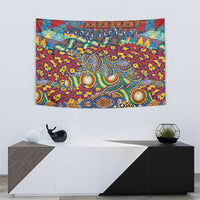 Red animal-skin pattern wall tapestry with layered geometric and animal motifs