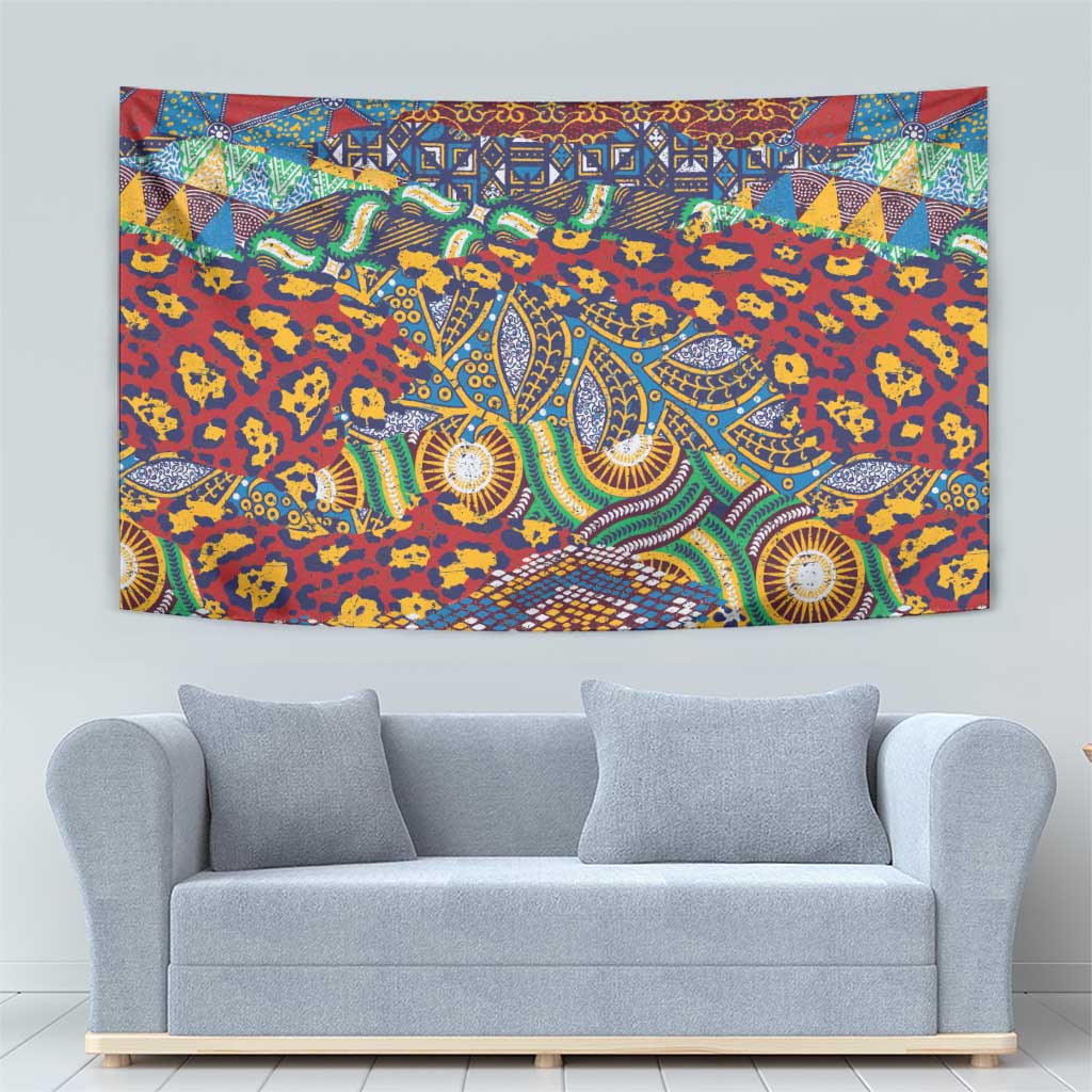 Red animal-skin pattern tapestry with teal, yellow, and blue ornamental figures