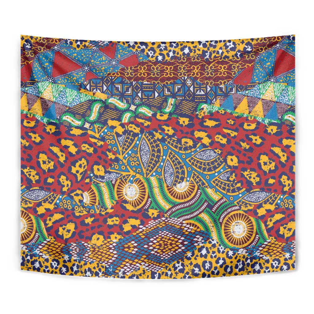 Close red animal-skin pattern tapestry with teal snake-like figures and round motifs