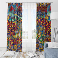 Colorful patterned window curtains with white sheer center panel and multicolor border design