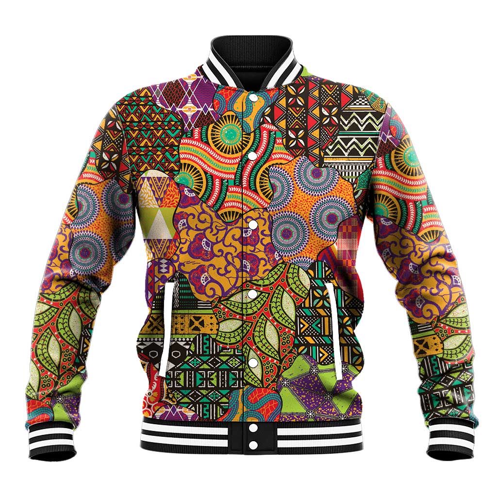 Black varsity baseball jacket with colorful African motif print, ribbed striped collar