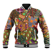 Black varsity baseball jacket with colorful African motif print, ribbed striped collar