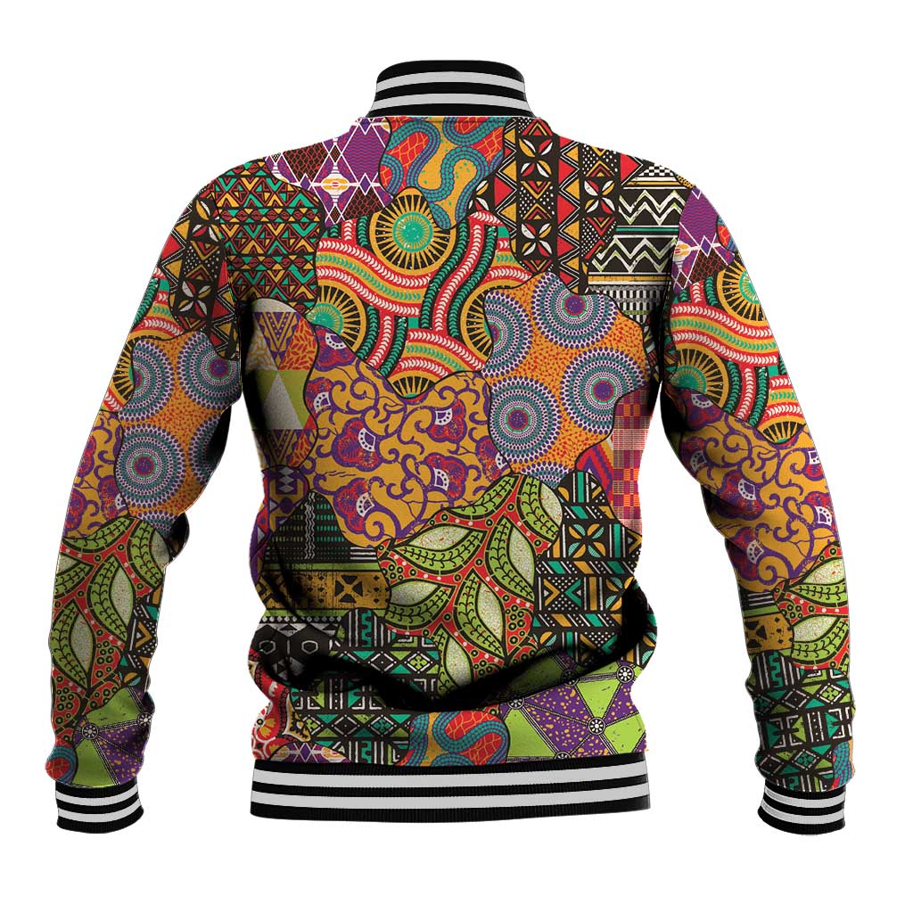 Black baseball jacket with colorful geometric and tribal motif print, ribbed striped cuffs