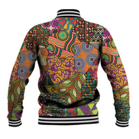 Black baseball jacket with colorful geometric and tribal motif print, ribbed striped cuffs