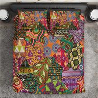 Multicolor African motif bedding set with matching pillowcases and bold patchwork pattern