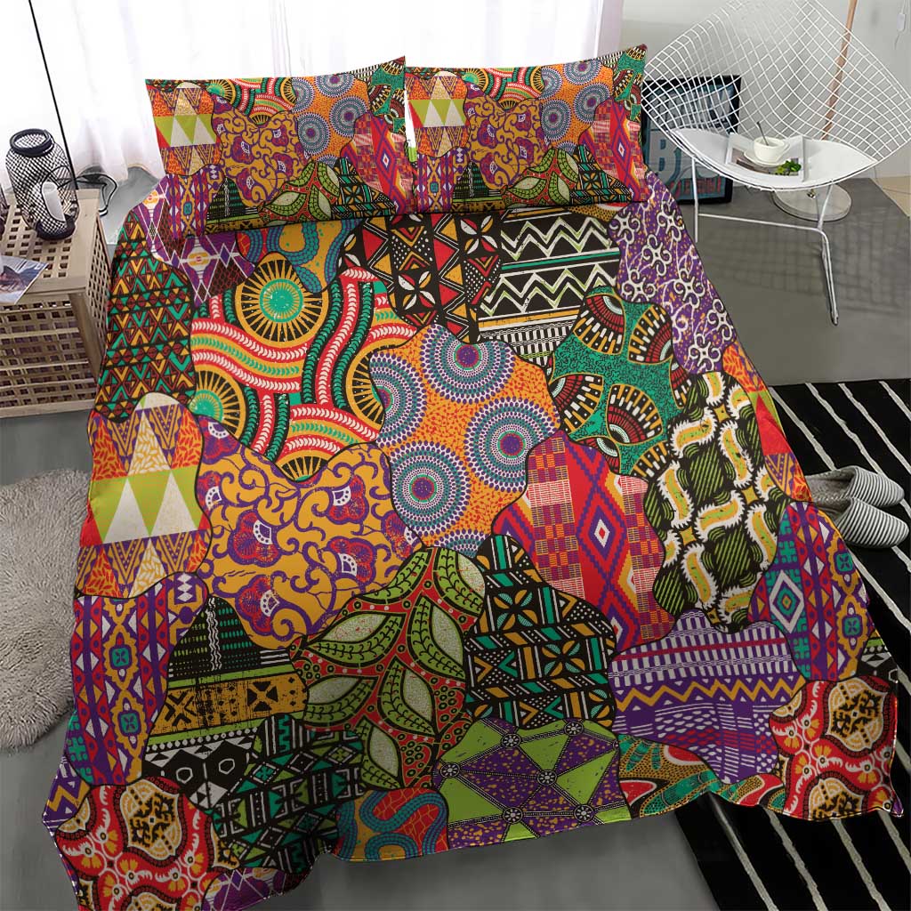 Vibrant African motif bedding set showing detailed patchwork print on duvet and shams