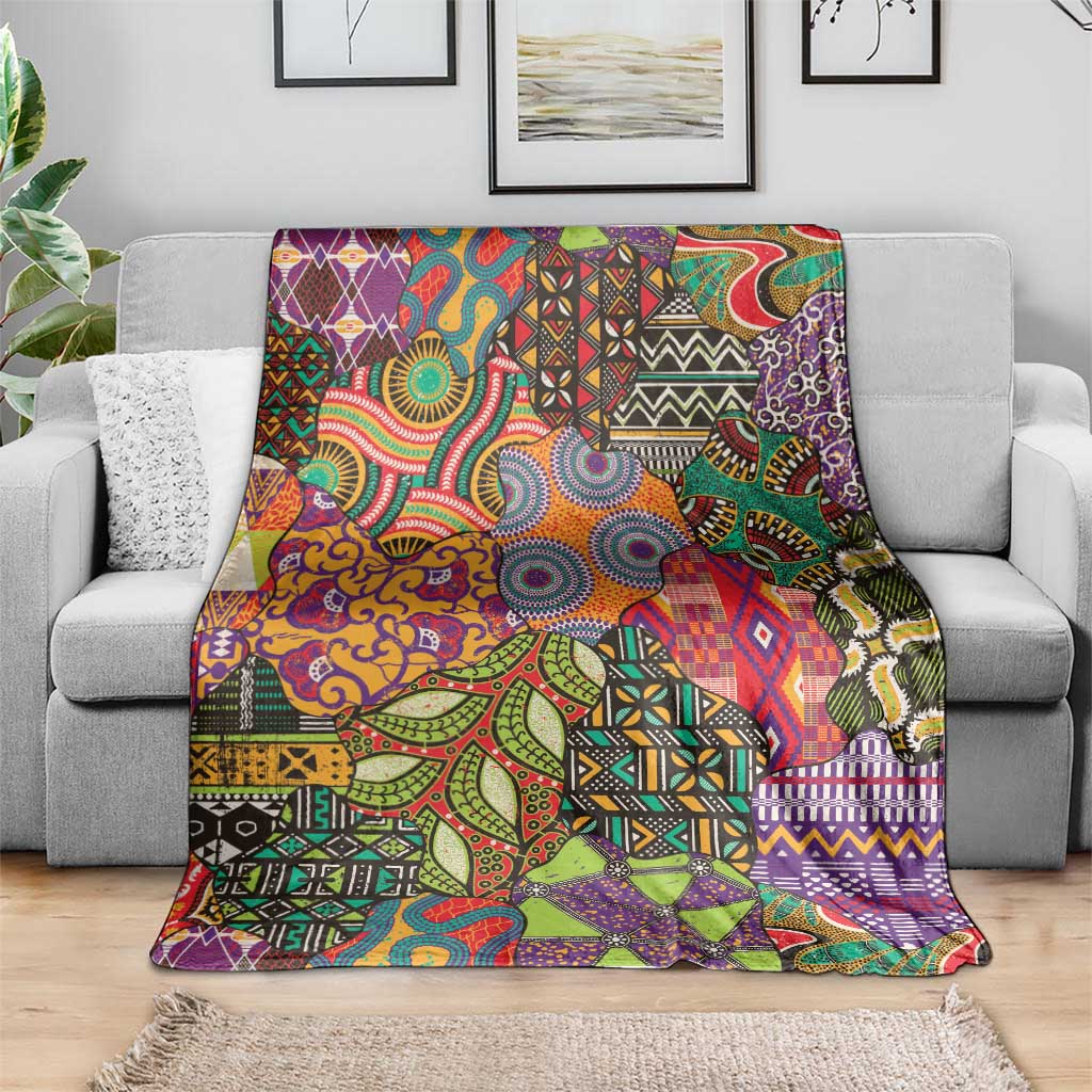 Traditional ethnic African motifs blanket draped on sofa, vibrant multicolor decorative design