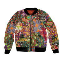 Bomber jacket with colorful African-inspired vintage pattern, front zip, black ribbed cuffs and hem