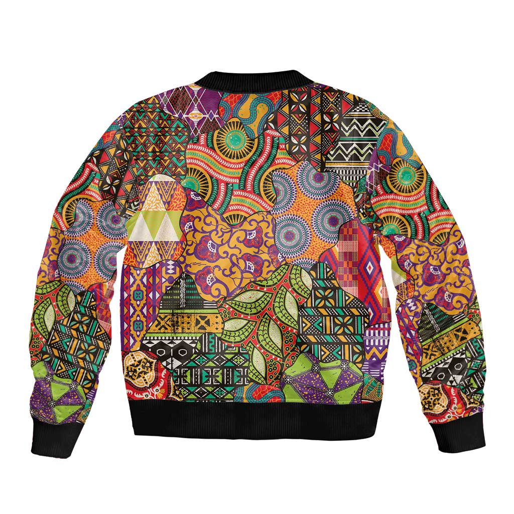 Bomber jacket with bold colorful vintage motifs, black ribbed collar, back view