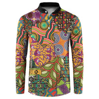 Button-front sweatshirt with black collar; vibrant vintage African motif print, long sleeves.