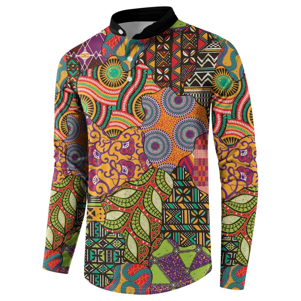 Button-front sweatshirt with black collar; colorful African motif panel print, long sleeves.