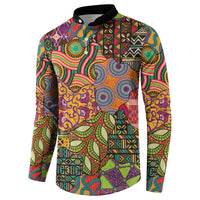Button-front sweatshirt with black collar; colorful African motif panel print, long sleeves.