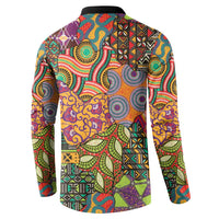 Button-front sweatshirt with black collar; multicolor African motif back print, long sleeves.