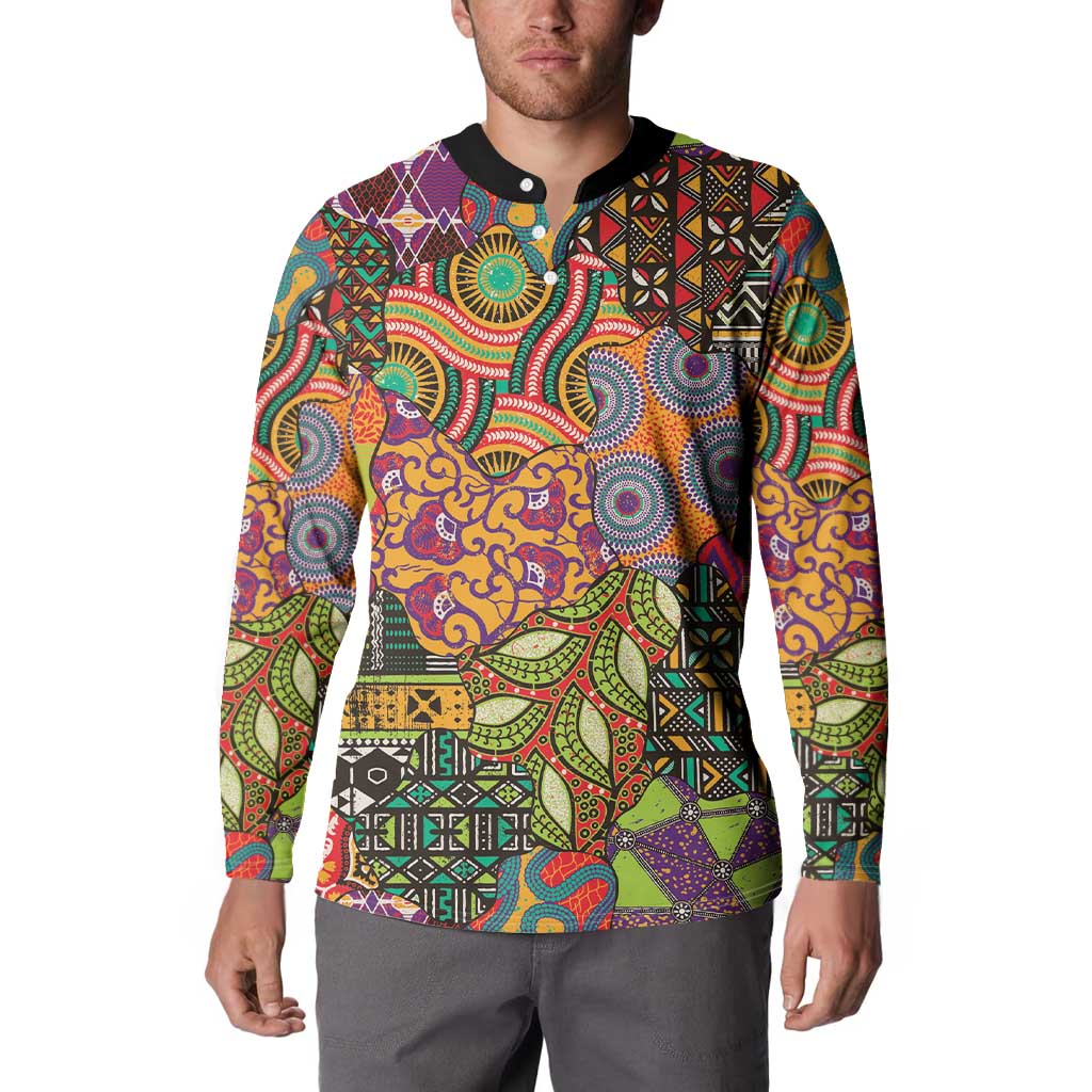 Button-front sweatshirt with black collar; bold African motif print, long sleeves.