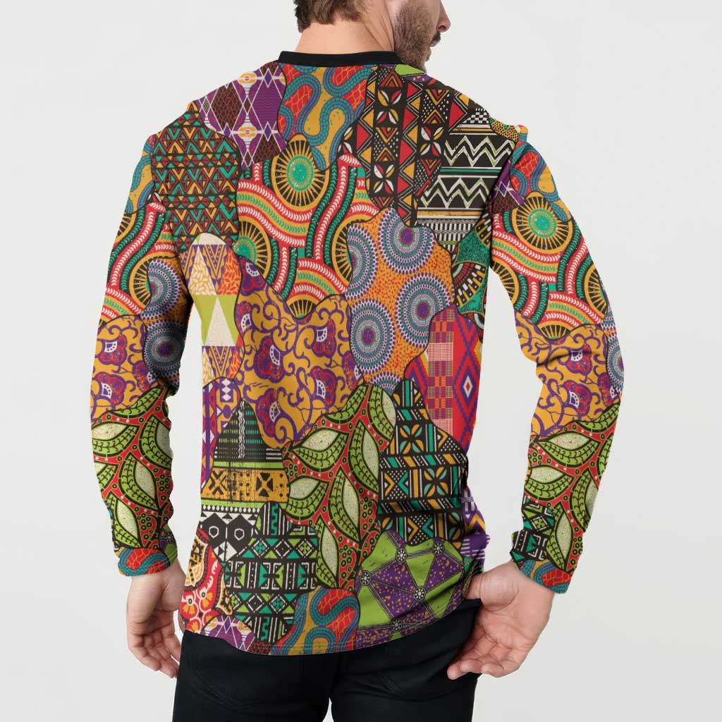 Back button-front sweatshirt with black collar; vivid African motif print, full-length sleeves.