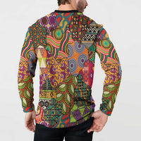 Back button-front sweatshirt with black collar; vivid African motif print, full-length sleeves.