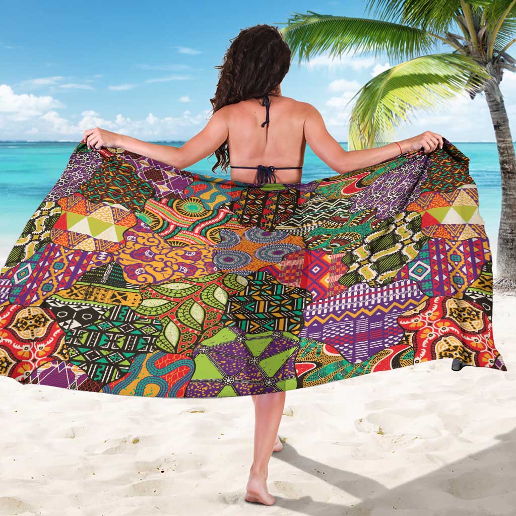 African motif sarong wrap with full back view, vibrant geometric and circular designs