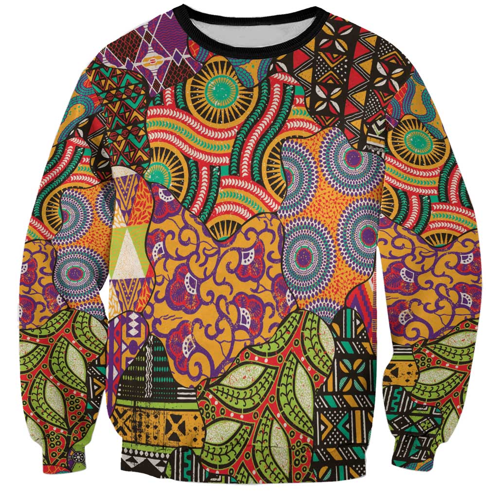 Crewneck sweatshirt with vibrant African-inspired geometric and animal-style motifs, black trim