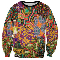 Crewneck sweatshirt with vibrant African-inspired geometric and animal-style motifs, black trim
