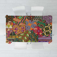 Multicolor ethnic geometric motif tablecloth with bold patterns, rectangular edge finish