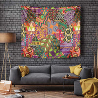 Multicolor African motif tapestry with geometric patterns and animals, rectangular wall hanging