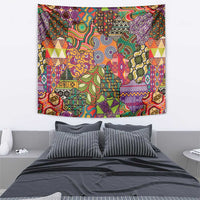 Vivid African tapestry with swirling forms, masks, and textiles motifs, wide rectangular