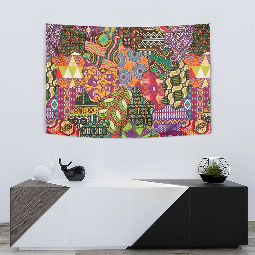 Multicolor African motif tapestry, centered complex pattern layout with ornate borders, rectangle