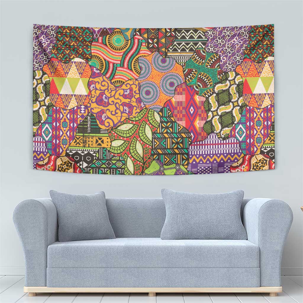 Colorful African motif tapestry with swirling centerpiece and geometric side panels, rectangle