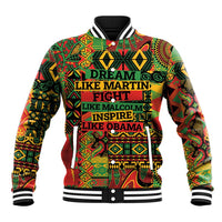 Unisex baseball jacket, colorful tribal print, black ribbed collar and cuffs, front slogan