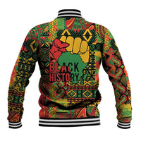 Unisex baseball jacket back, colorful tribal print with 'BLACK HISTORY' and raised fist