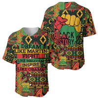 Multicolor baseball jersey with front 'DREAM LIKE MARTIN' and back 'BLACK HISTORY' fists