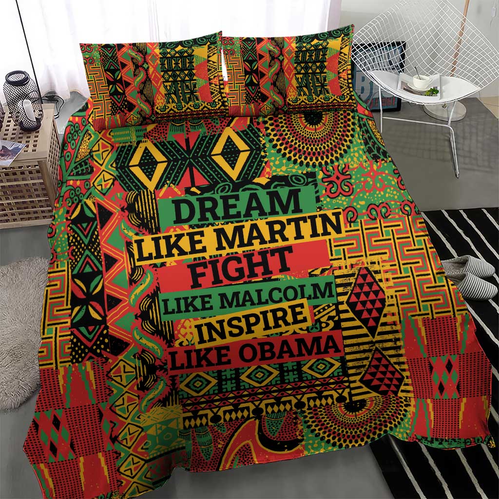 Multicolor bedding set featuring central “DREAM LIKE MARTIN …” typography and pillowcases