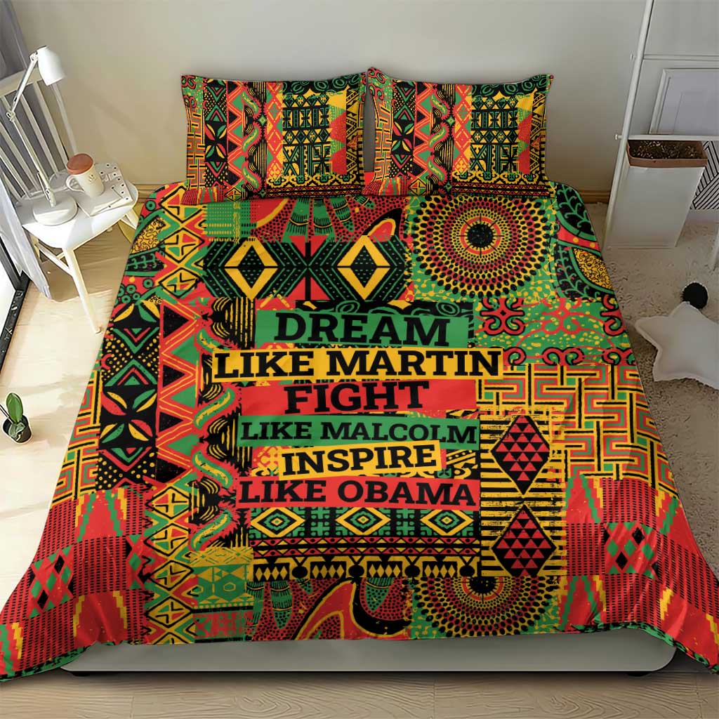 Vibrant bedding set with geometric prints, central quote text, and two square pillowcases