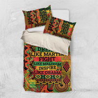 Fitted bedding set layout with duvet and pillowcases in multicolor geometric quote pattern