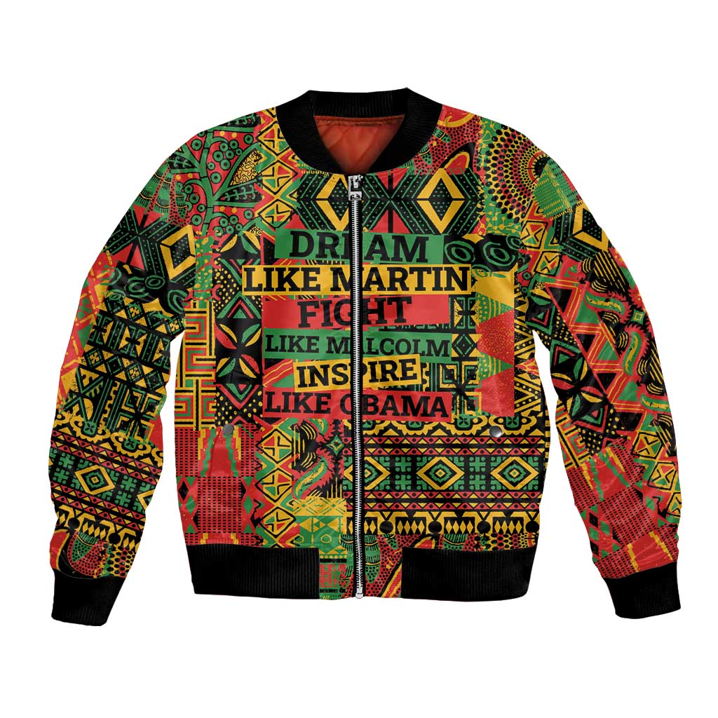 Unisex bomber jacket with multicolor geometric print and central text graphic