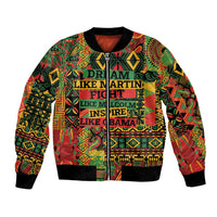 Unisex bomber jacket with multicolor geometric print and central text graphic