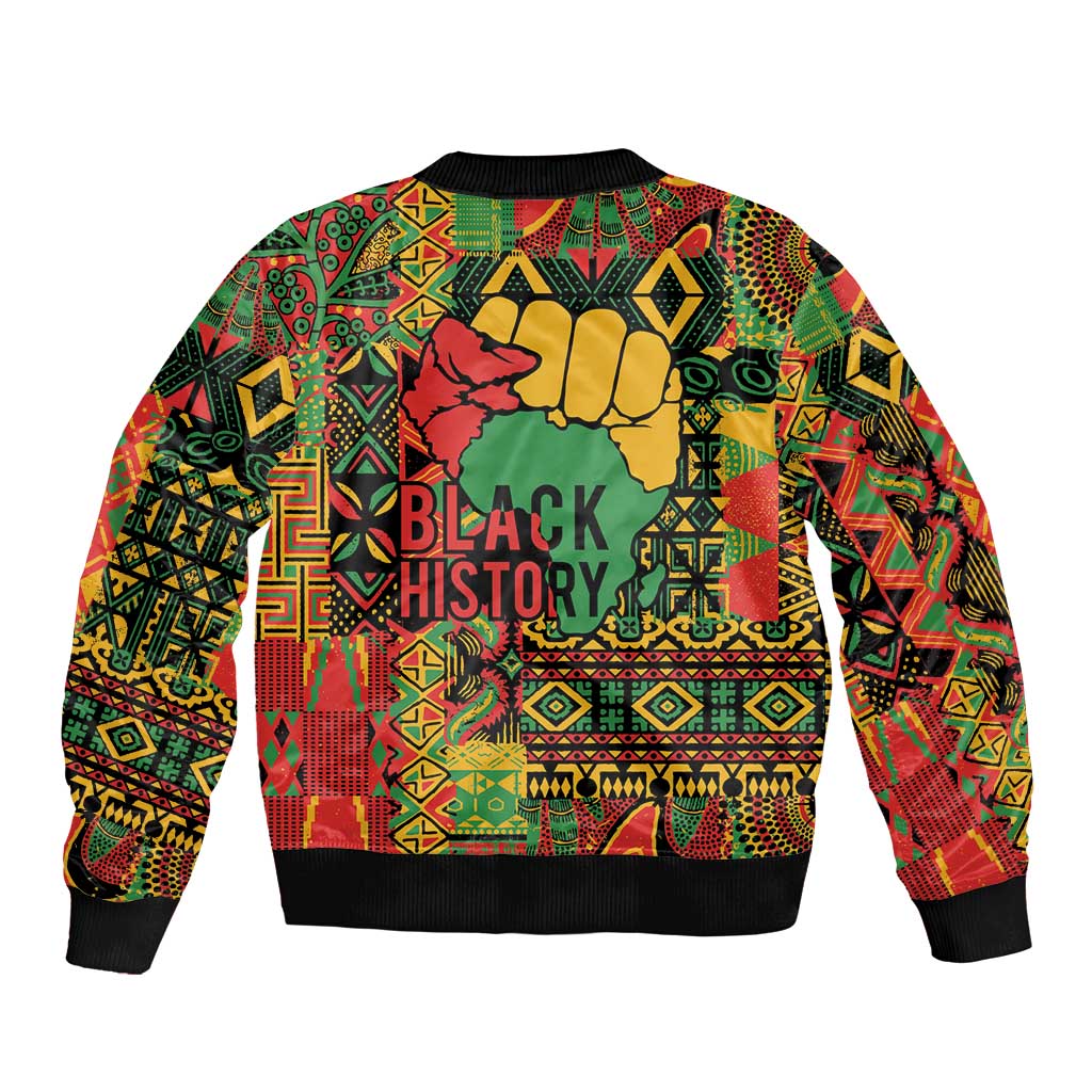 Unisex bomber jacket with multicolor geometric print and 'BLACK HISTORY' text graphic