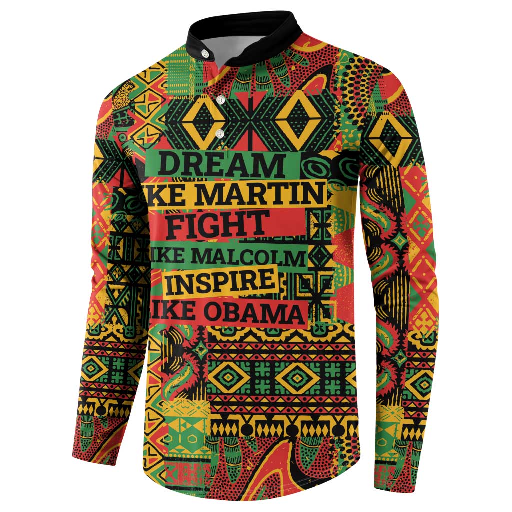 Button-front sweatshirt with colorful African print, fist icon, and 'DREAM' text