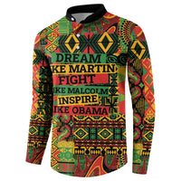 Button-front sweatshirt with colorful African print, fist icon, and 'DREAM' text
