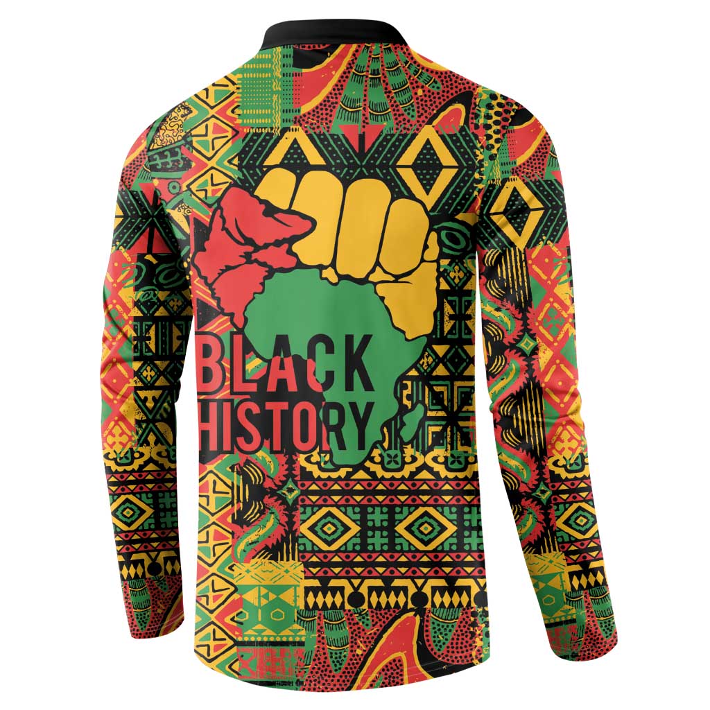 Button-front sweatshirt with colorful African print and 'BLACK HISTORY' back graphic