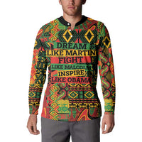 Button-front sweatshirt with black collar and colorful graphic text 'DREAM LIKE'