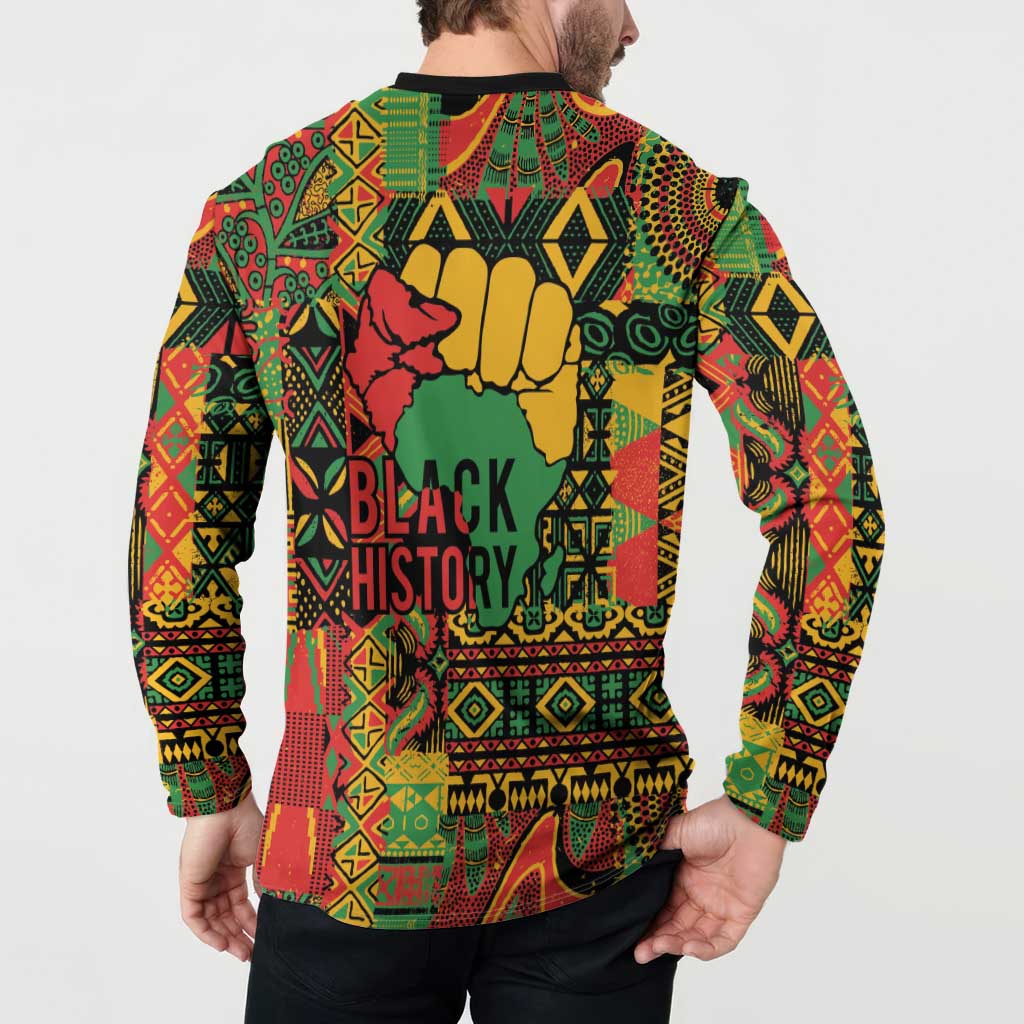 Button-front sweatshirt back with colorful African print and fist with 'BLACK HISTORY'