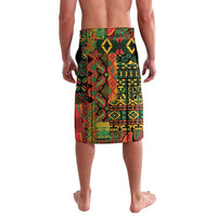 Multicolor patterned wrap skirt with elastic waistband, knee length, side view