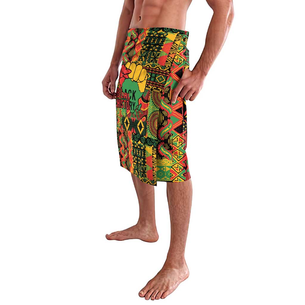 Multicolor patterned wrap skirt with elastic waistband, knee length, angled view