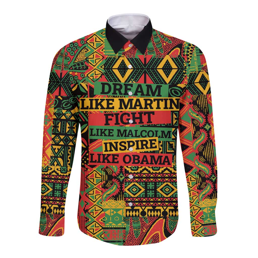 Black long-sleeve button shirt with colorful front graphic and text