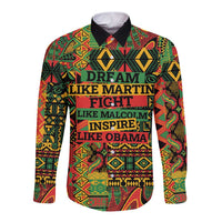 Black long-sleeve button shirt with colorful front graphic and text