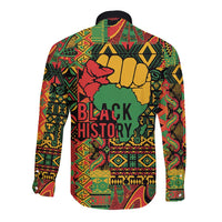 Black long-sleeve button shirt with colorful back graphic and Black History text